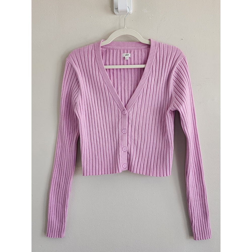 Aerie Crop Ribbed Knit Cardigan Large Pastel Baby Pink Cute Y2K 90s Twee
